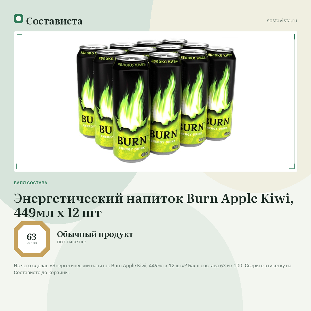 Энергетический напиток Burn Apple Kiwi, 449мл х 12 шт: балл состава 63 из 100 — Состависта
