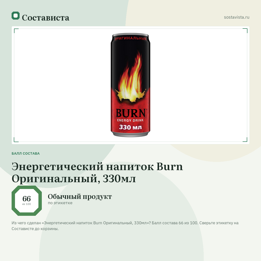 Энергетический напиток Burn Оригинальный, 330мл: балл состава 66 из 100 — Состависта