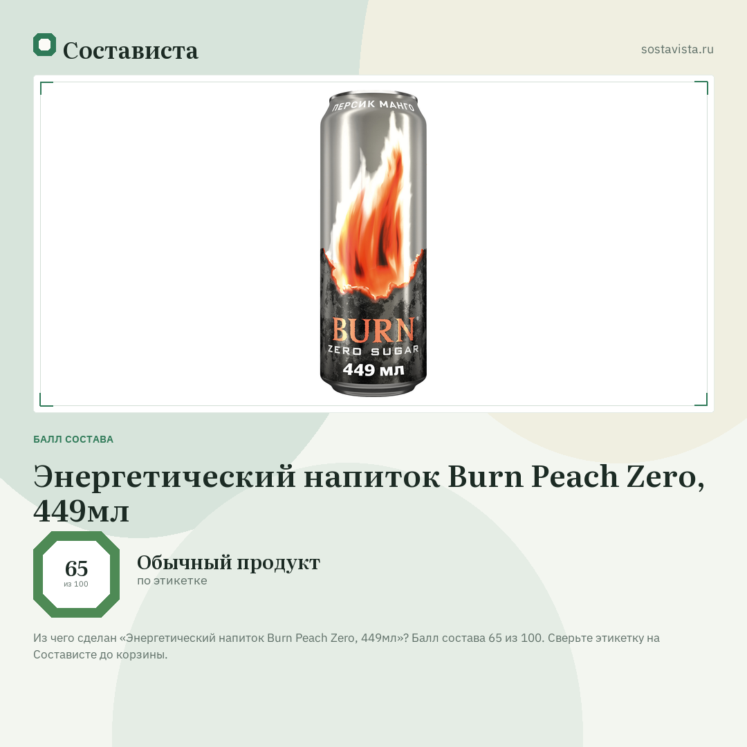 Энергетический напиток Burn Peach Zero, 449мл: балл состава 65 из 100 — Состависта