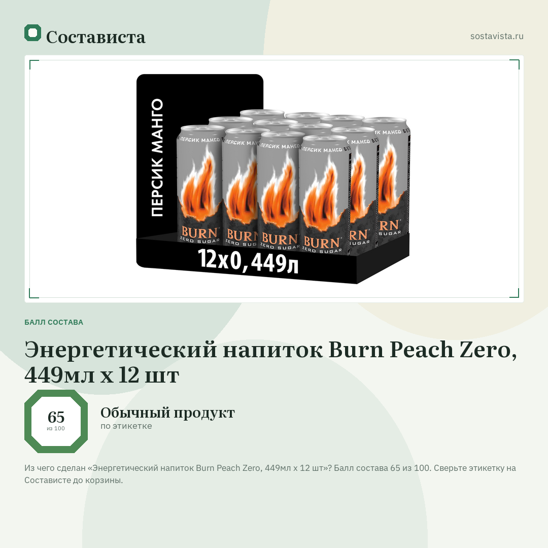 Энергетический напиток Burn Peach Zero, 449мл x 12 шт: балл состава 65 из 100 — Состависта