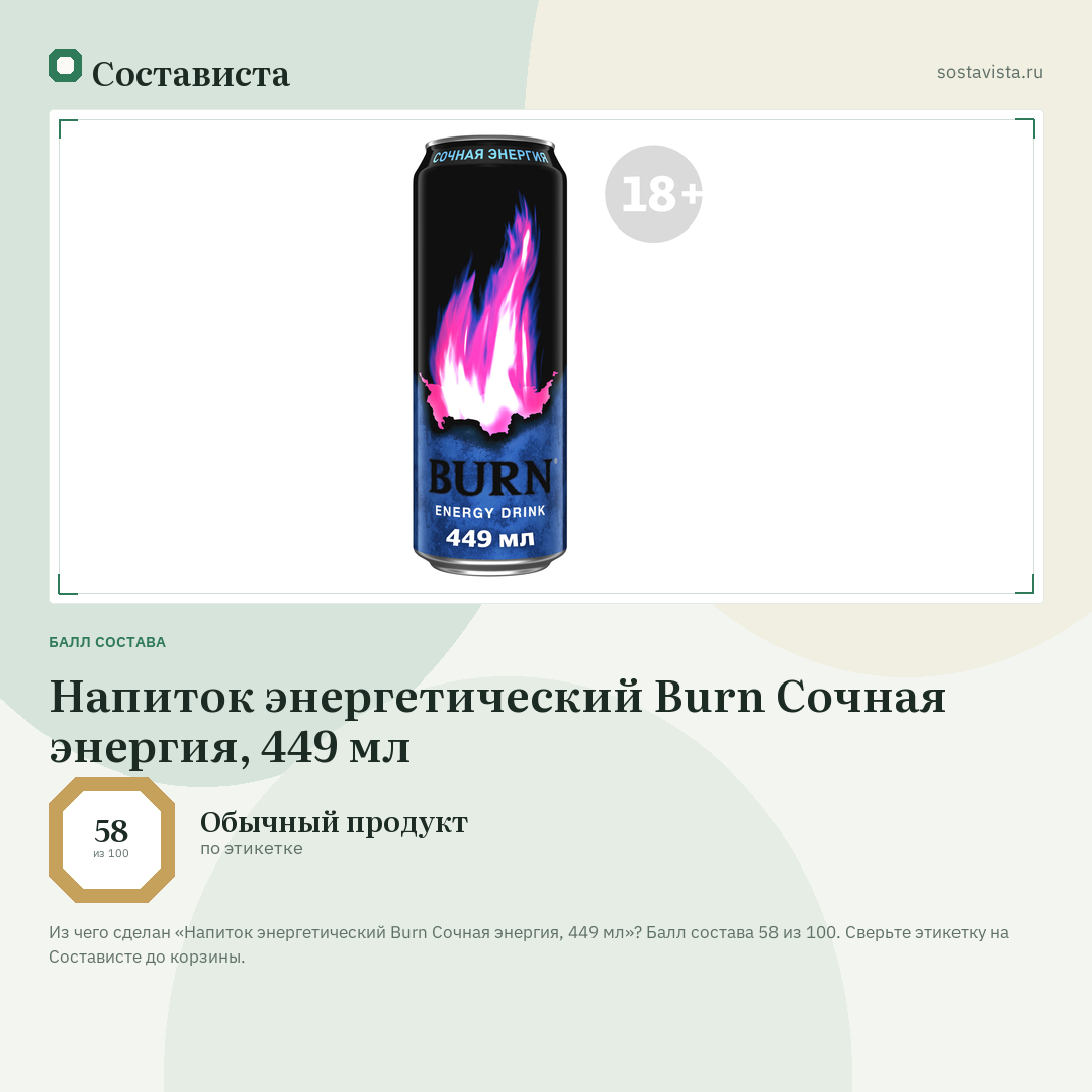 Напиток энергетический Burn Сочная энергия, 449 мл: балл состава 58 из 100 — Состависта