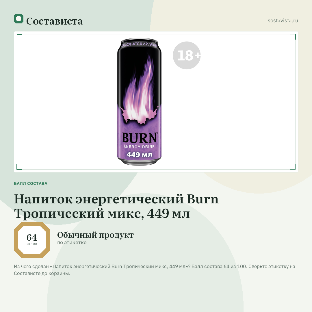 Напиток энергетический Burn Тропический микс, 449 мл: балл состава 64 из 100 — Состависта