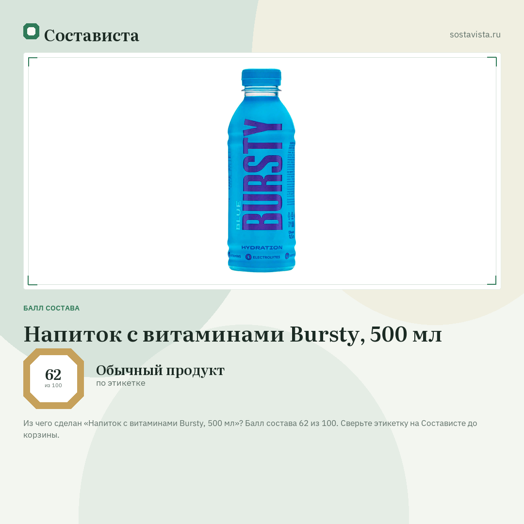 Напиток с витаминами Bursty, 500 мл: балл состава 62 из 100 — Состависта