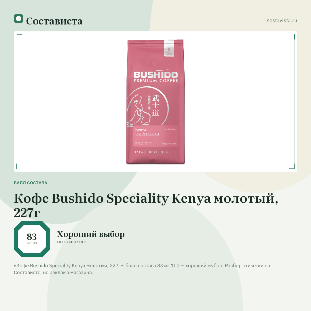 Кофе Bushido Speciality Kenya молотый, 227г: балл состава 83 из 100 — Состависта
