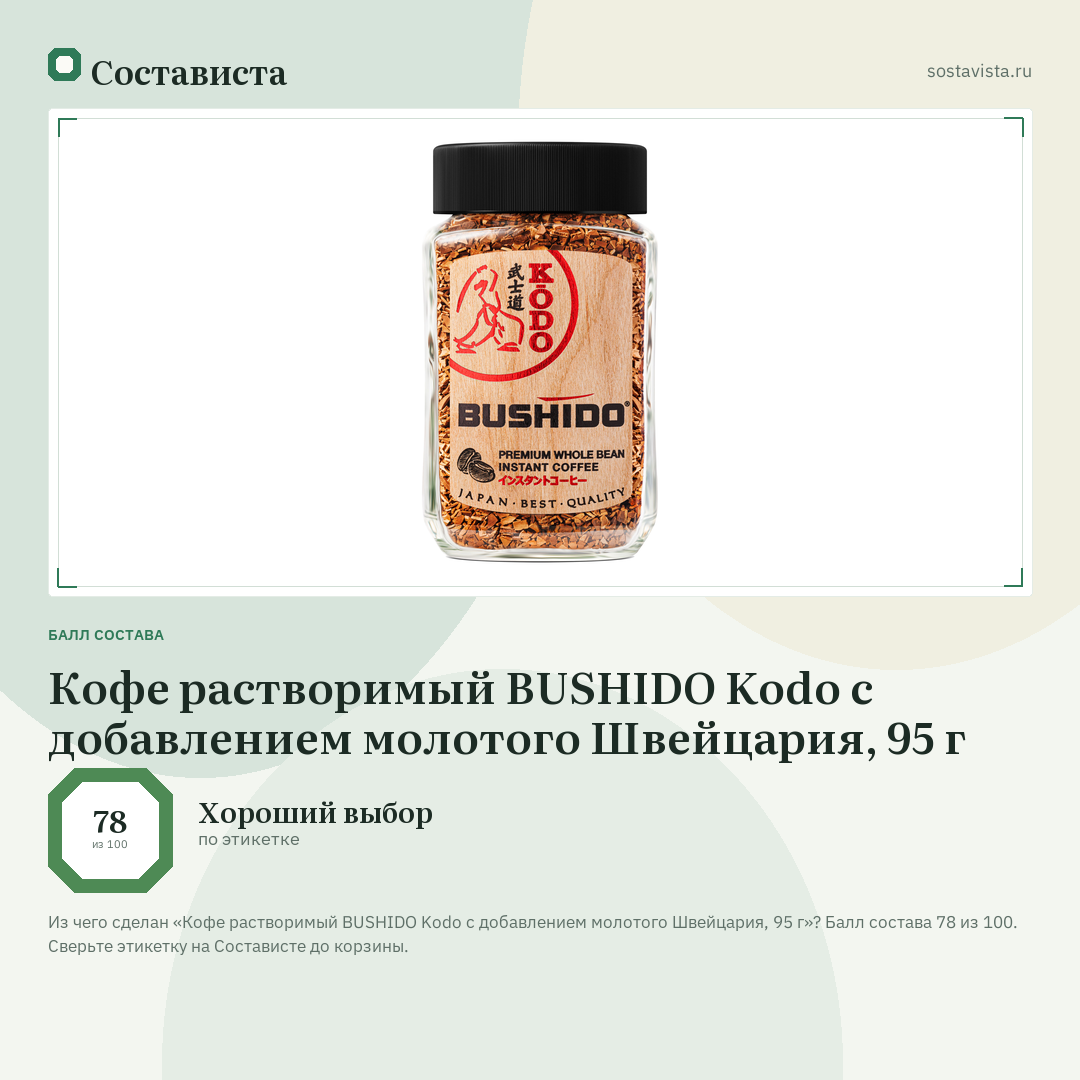 Кофе растворимый BUSHIDO Kodo с добавлением молотого Швейцария, 95 г: балл состава 78 из 100 — Состависта