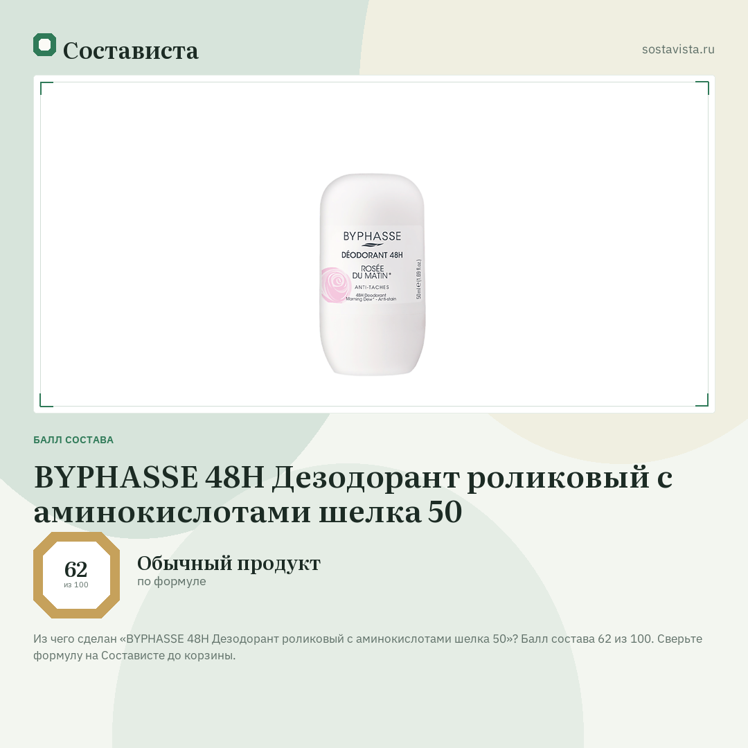 BYPHASSE 48H Дезодорант роликовый с аминокислотами шелка 50: балл состава 62 из 100 — Состависта