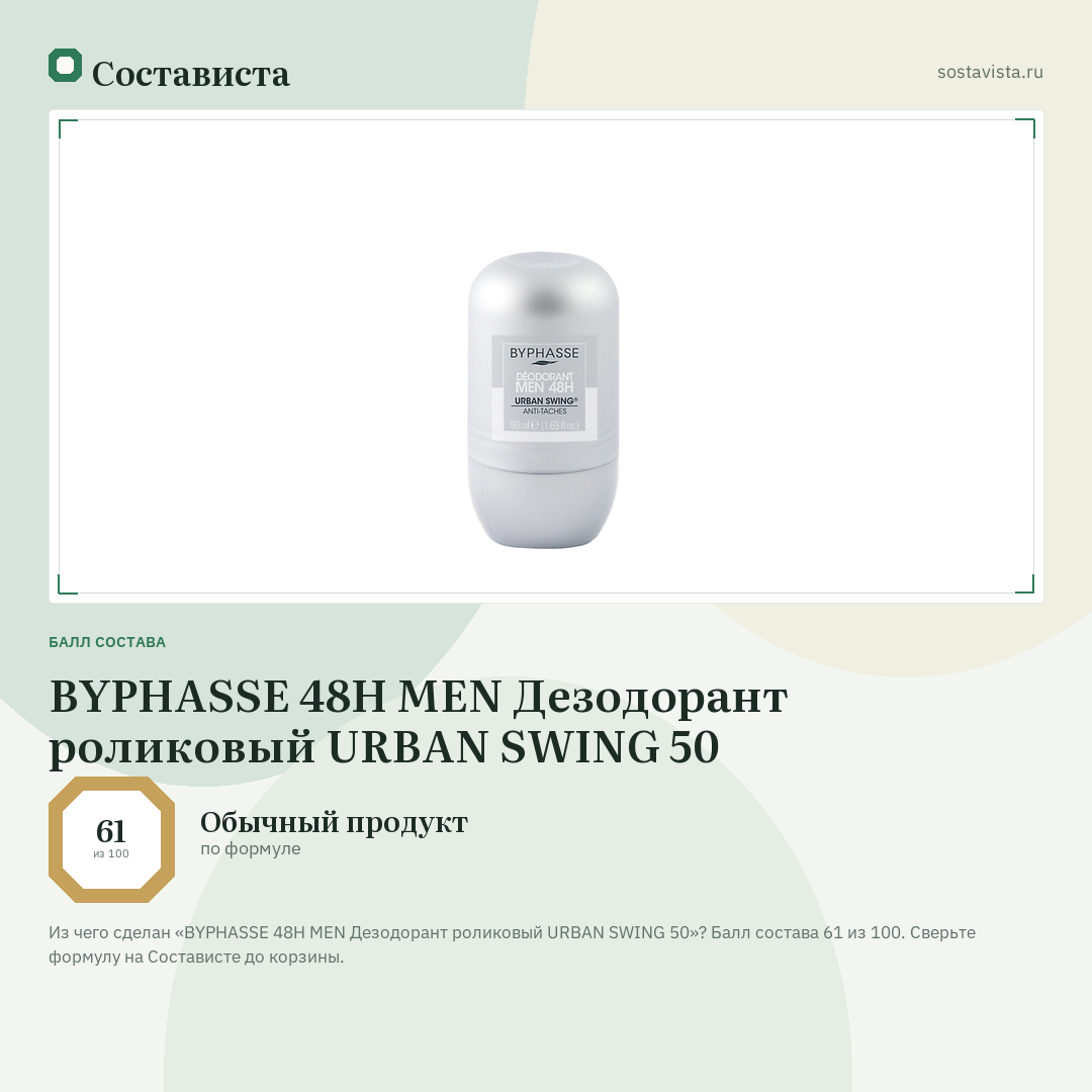 BYPHASSE 48H MEN Дезодорант роликовый URBAN SWING 50: балл состава 61 из 100 — Состависта