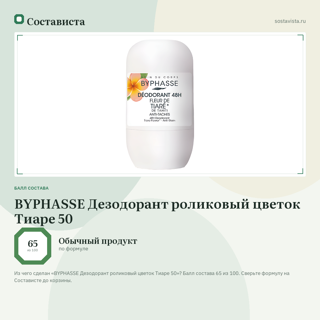 BYPHASSE Дезодорант роликовый цветок Тиаре 50: балл состава 65 из 100 — Состависта