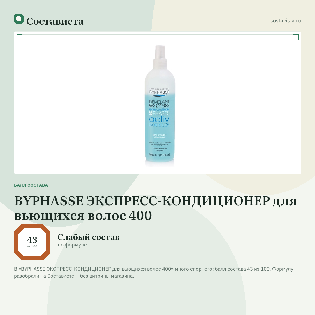 BYPHASSE ЭКСПРЕСС-КОНДИЦИОНЕР для вьющихся волос 400: балл состава 43 из 100 — Состависта