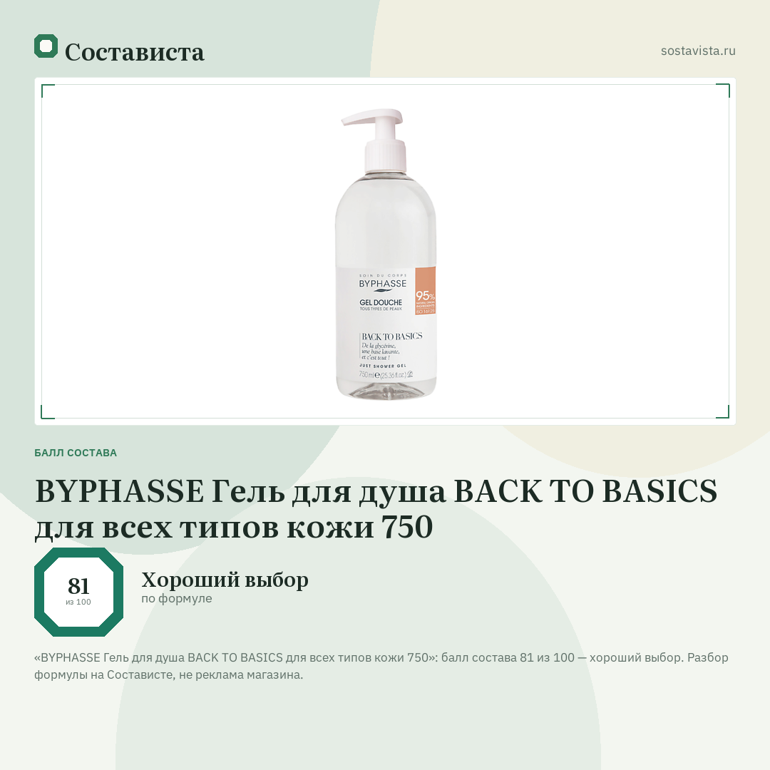 BYPHASSE Гель для душа BACK TO BASICS для всех типов кожи 750: балл состава 81 из 100 — Состависта