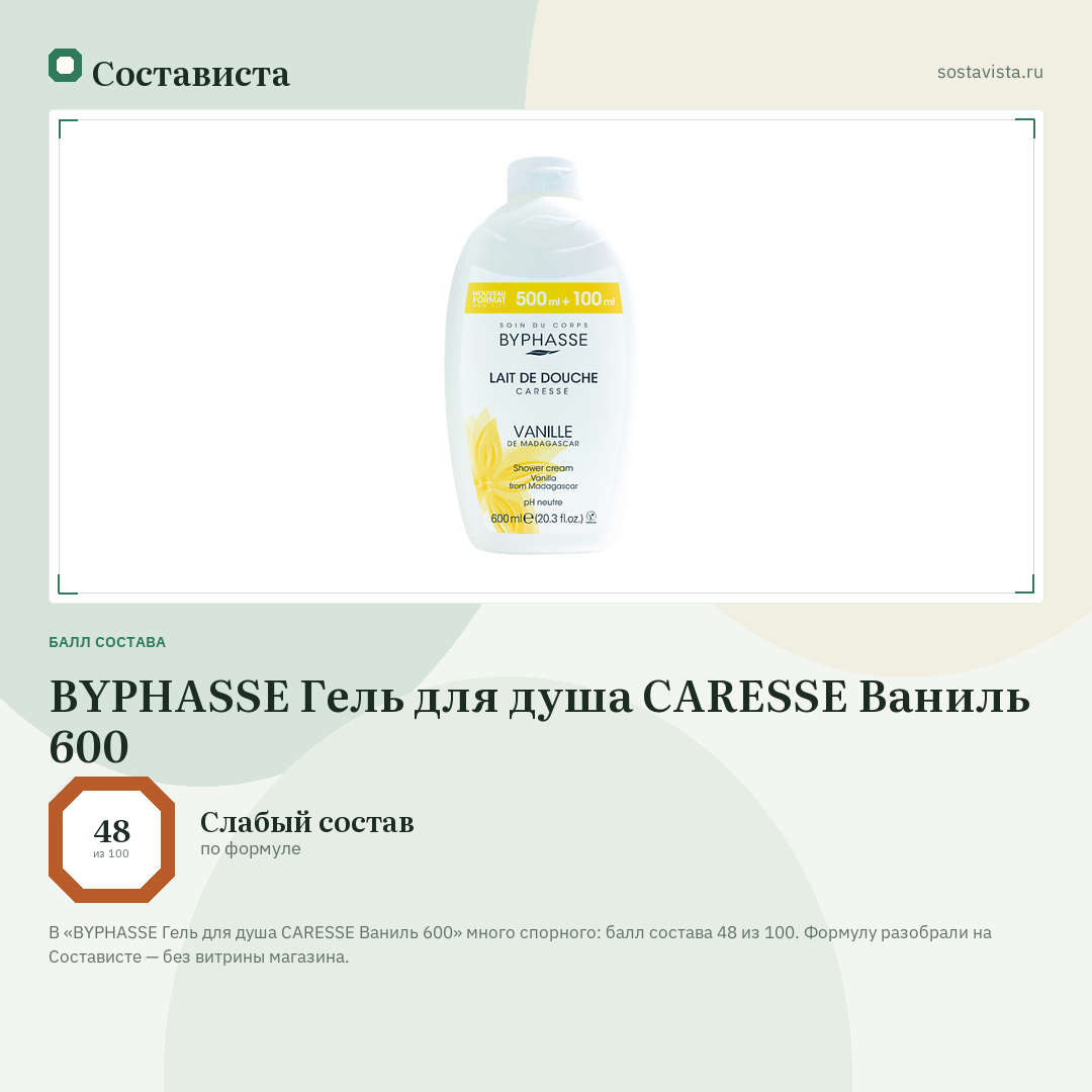 BYPHASSE Гель для душа CARESSE Ваниль 600: балл состава 48 из 100 — Состависта