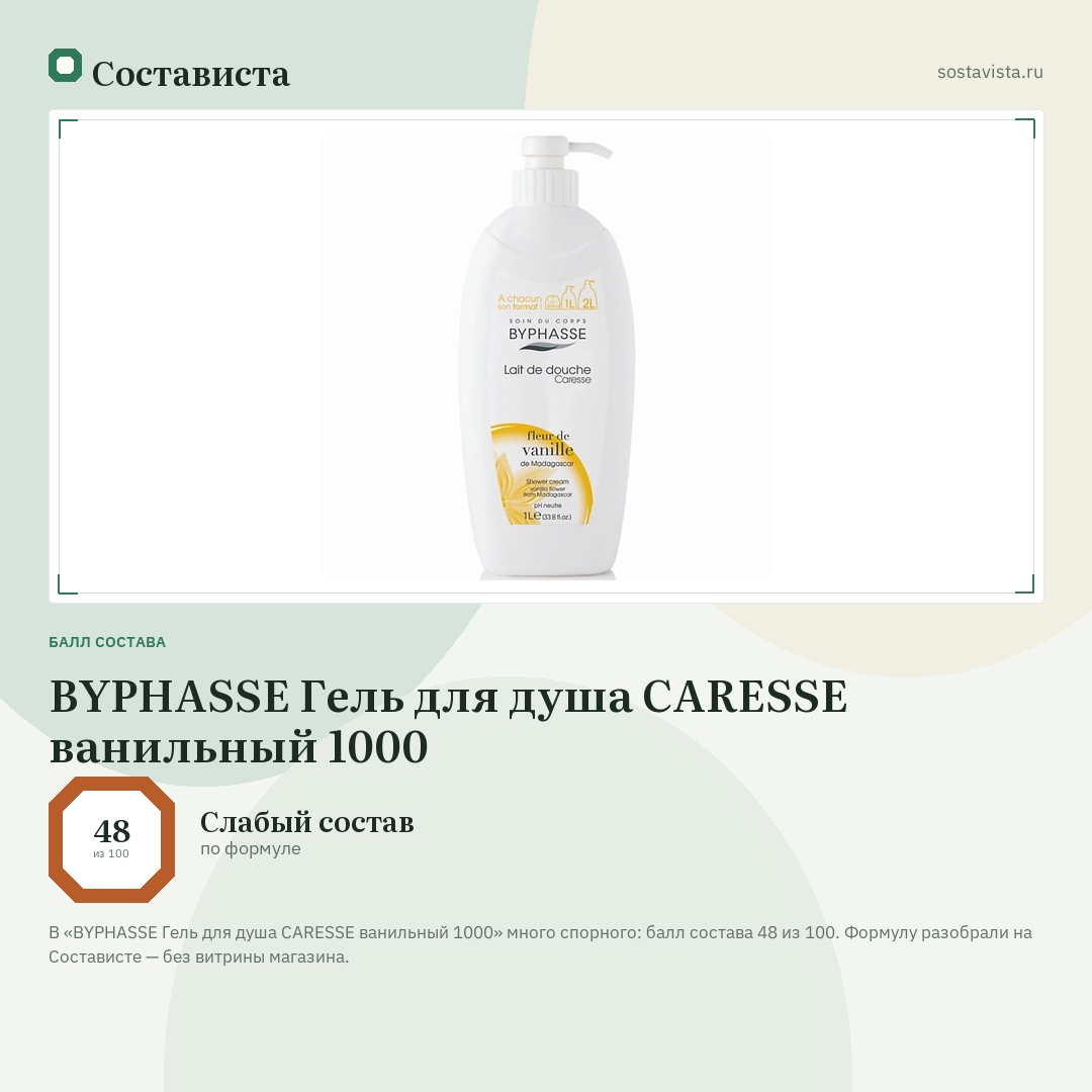 BYPHASSE Гель для душа CARESSE ванильный 1000: балл состава 48 из 100 — Состависта