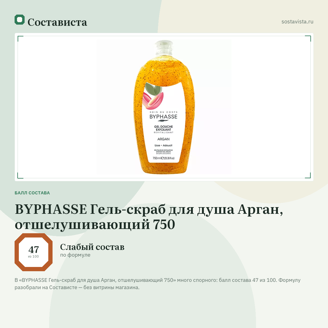 BYPHASSE Гель-скраб для душа Арган, отшелушивающий 750: балл состава 47 из 100 — Состависта