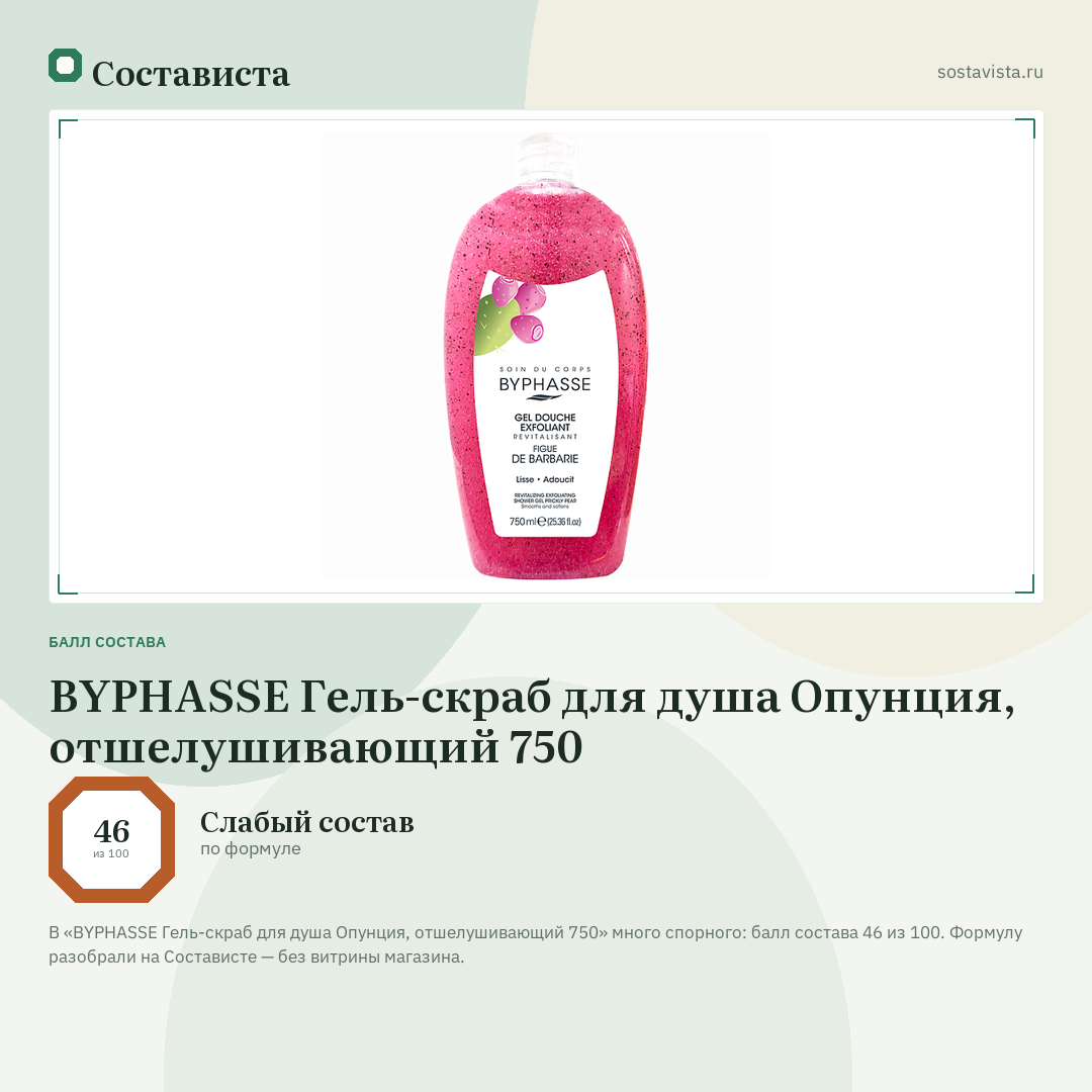 BYPHASSE Гель-скраб для душа Опунция, отшелушивающий 750: балл состава 46 из 100 — Состависта