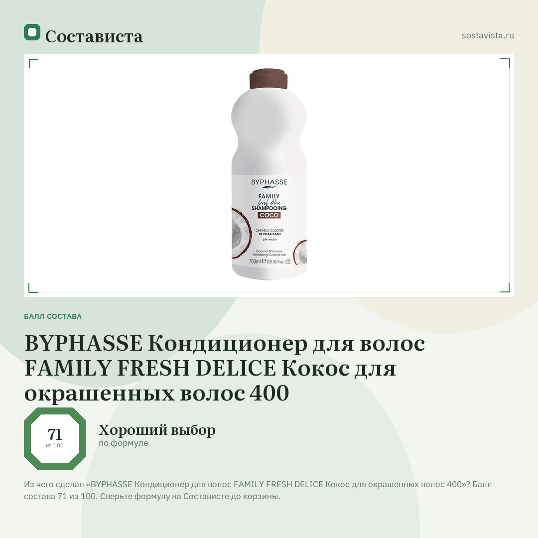 BYPHASSE Кондиционер для волос FAMILY FRESH DELICE Кокос для окрашенных волос 400: балл состава 71 из 100 — Состависта