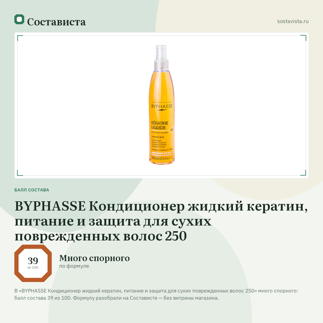 BYPHASSE Кондиционер жидкий кератин, питание и защита для сухих поврежденных волос 250: балл состава 39 из 100 — Состависта