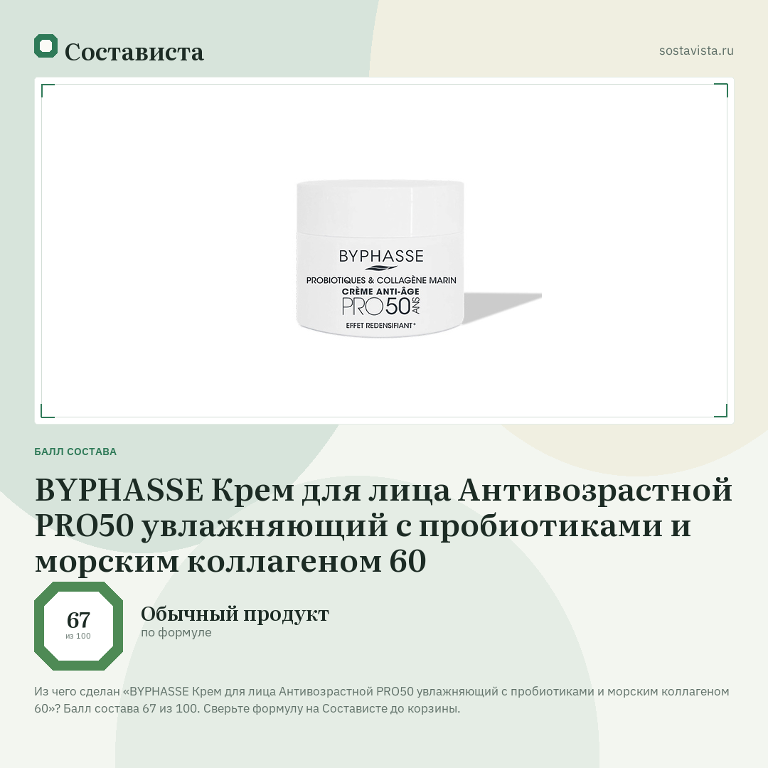 BYPHASSE Крем для лица Антивозрастной PRO50 увлажняющий с пробиотиками и морским коллагеном 60: балл состава 67 из 100 — Состависта