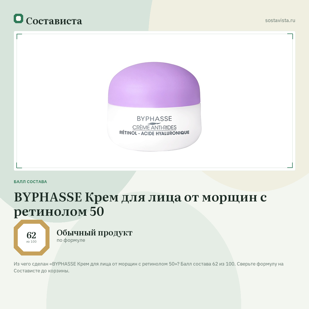 BYPHASSE Крем для лица от морщин с ретинолом 50: балл состава 62 из 100 — Состависта