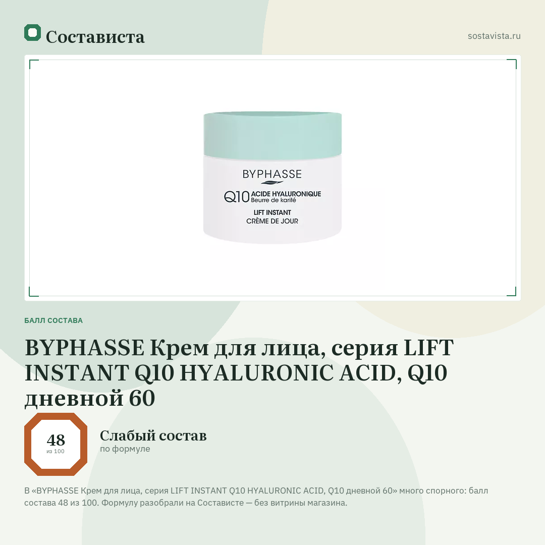 BYPHASSE Крем для лица, серия LIFT INSTANT Q10 HYALURONIC ACID, Q10 дневной 60: балл состава 48 из 100 — Состависта
