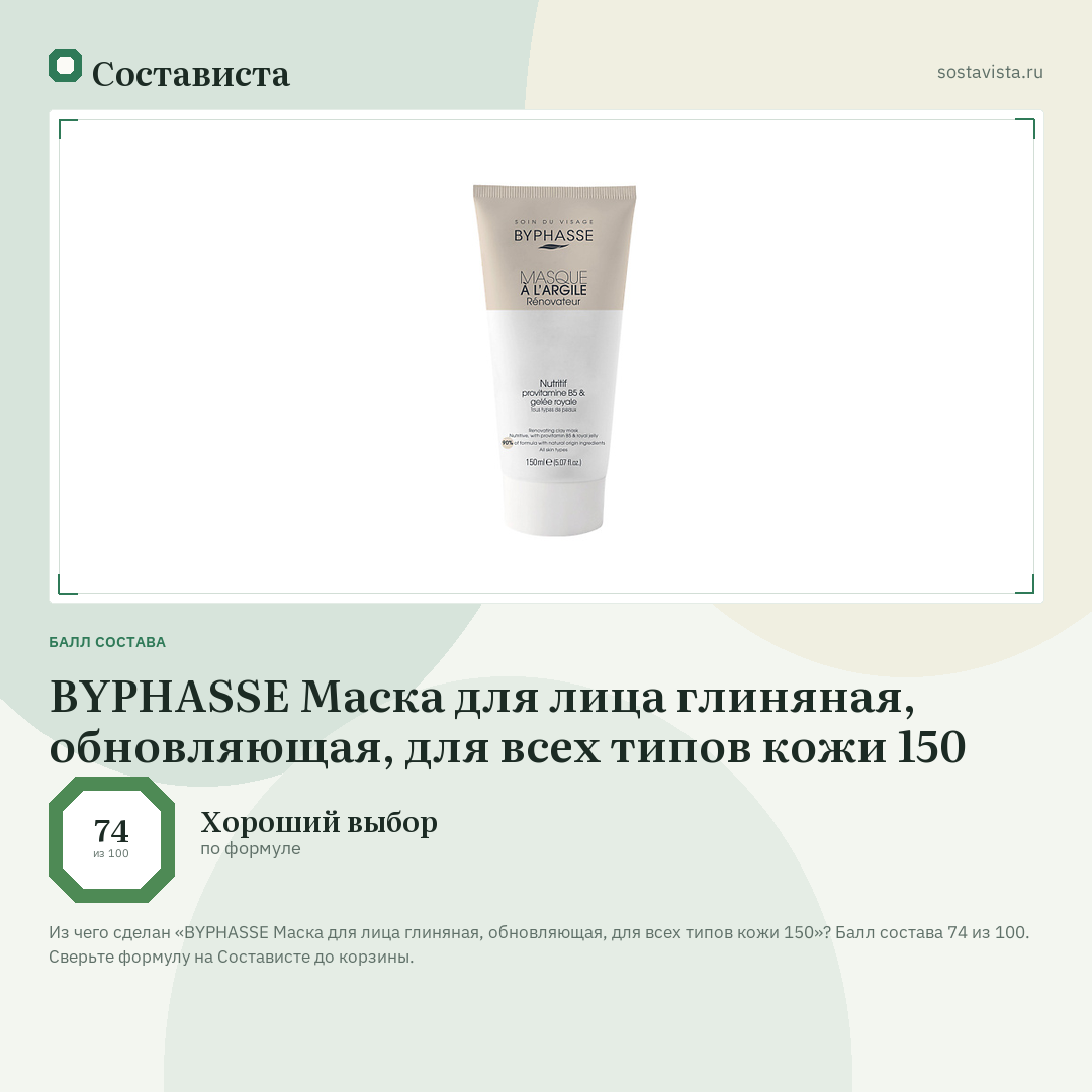 BYPHASSE Маска для лица глиняная, обновляющая, для всех типов кожи 150: балл состава 74 из 100 — Состависта