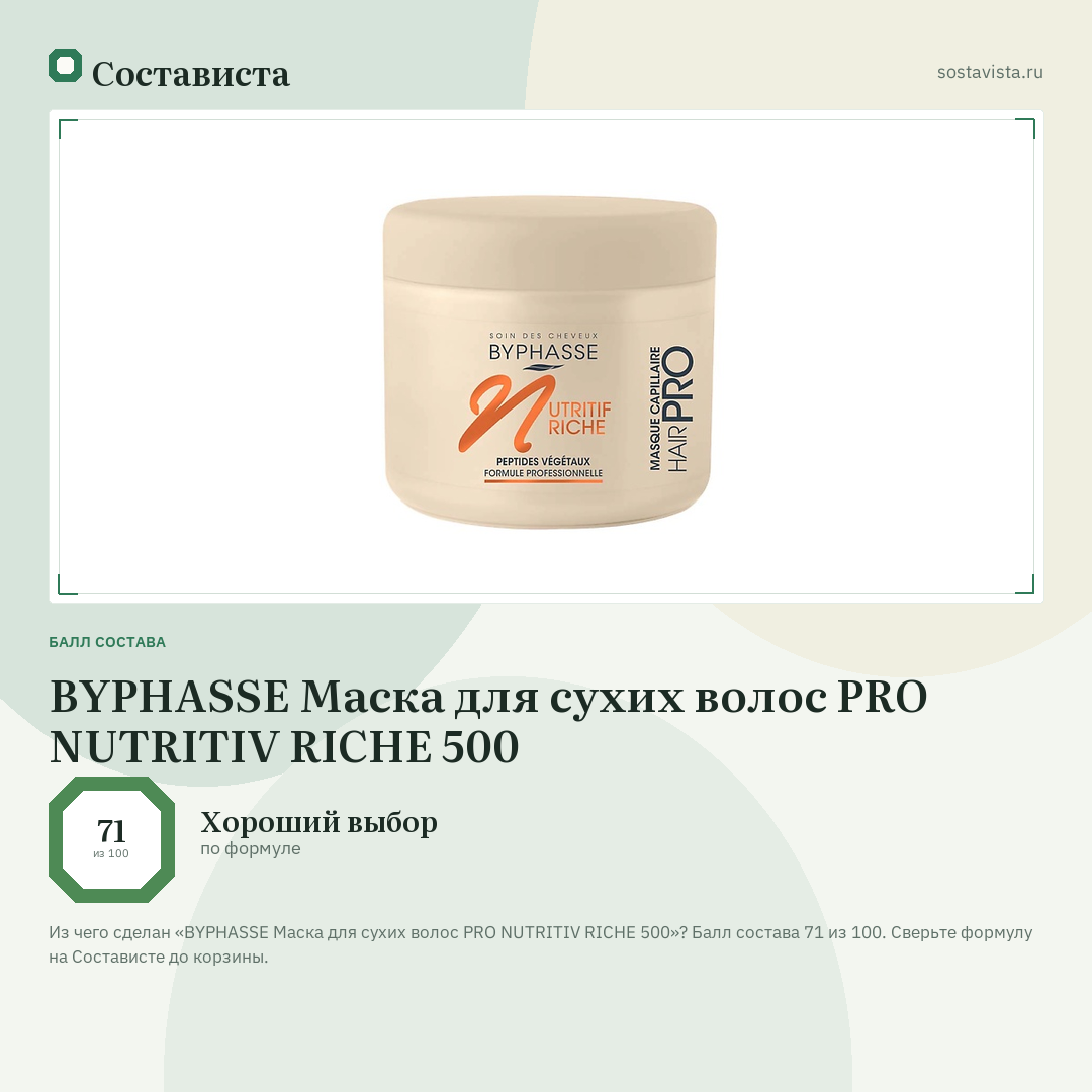 BYPHASSE Маска для сухих волос PRO NUTRITIV RICHE 500: балл состава 71 из 100 — Состависта