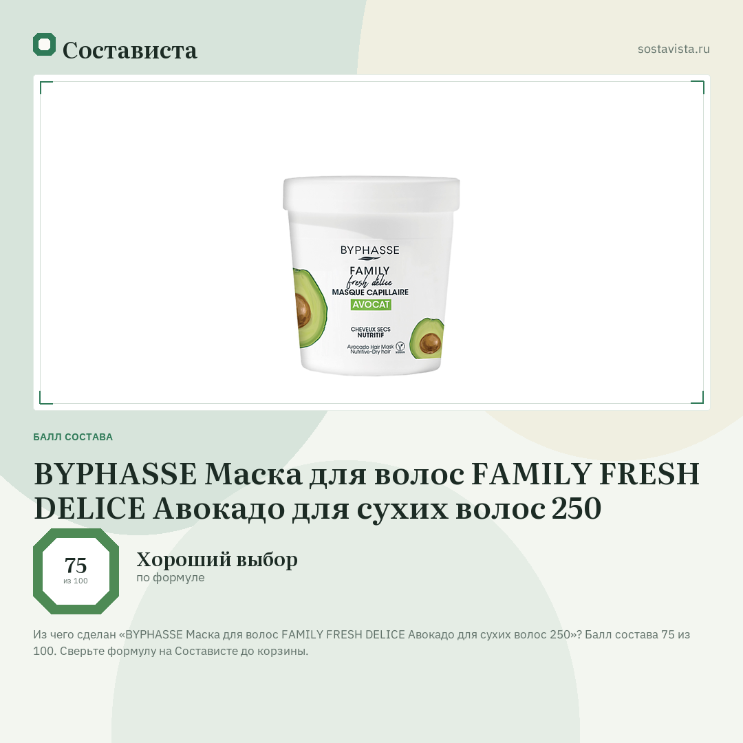 BYPHASSE Маска для волос FAMILY FRESH DELICE Авокадо для сухих волос 250: балл состава 75 из 100 — Состависта