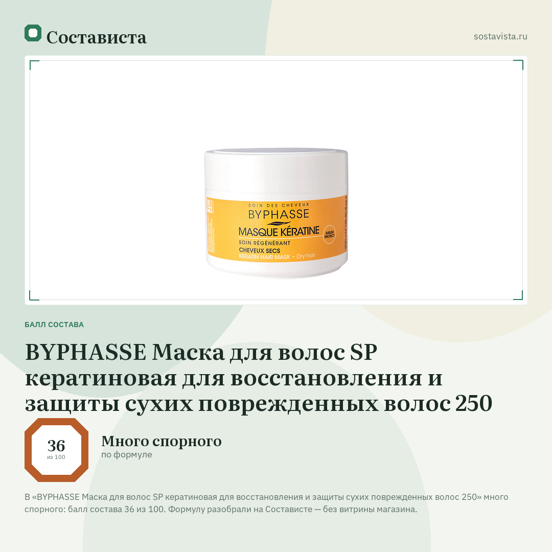 BYPHASSE Маска для волос SP кератиновая для восстановления и защиты сухих поврежденных волос 250: балл состава 36 из 100 — Состависта