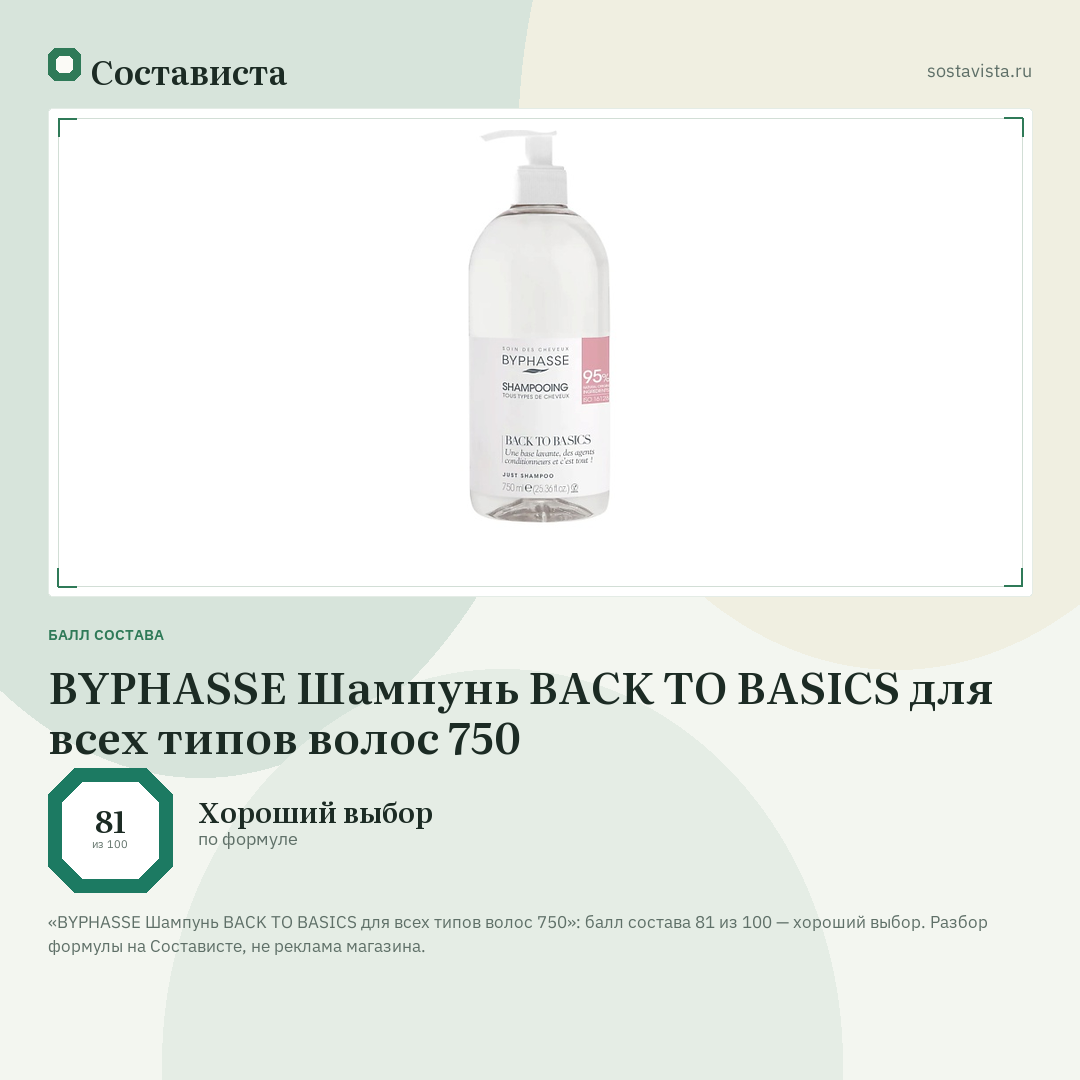 BYPHASSE Шампунь BACK TO BASICS для всех типов волос 750: балл состава 81 из 100 — Состависта