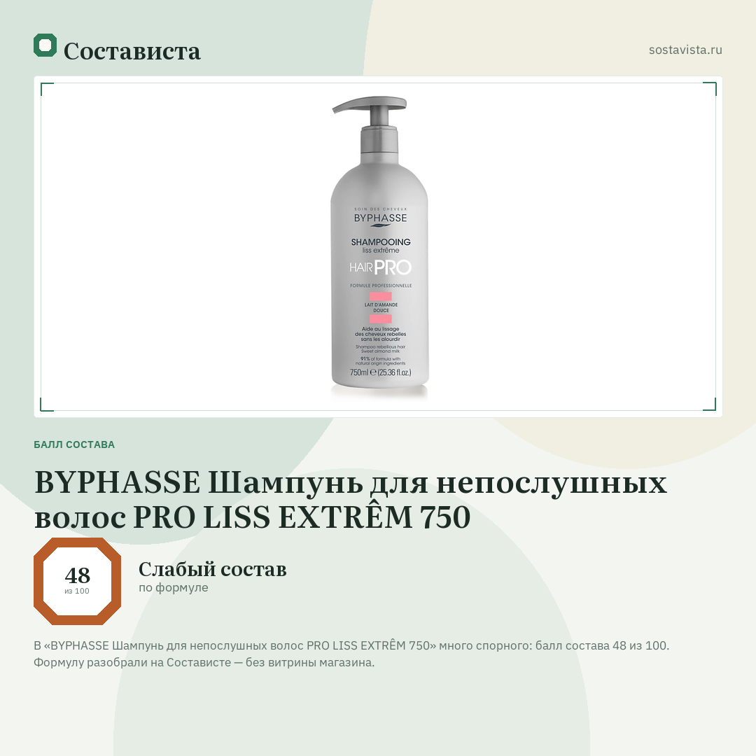 BYPHASSE Шампунь для непослушных волос PRO LISS EXTRÊM 750: балл состава 48 из 100 — Состависта