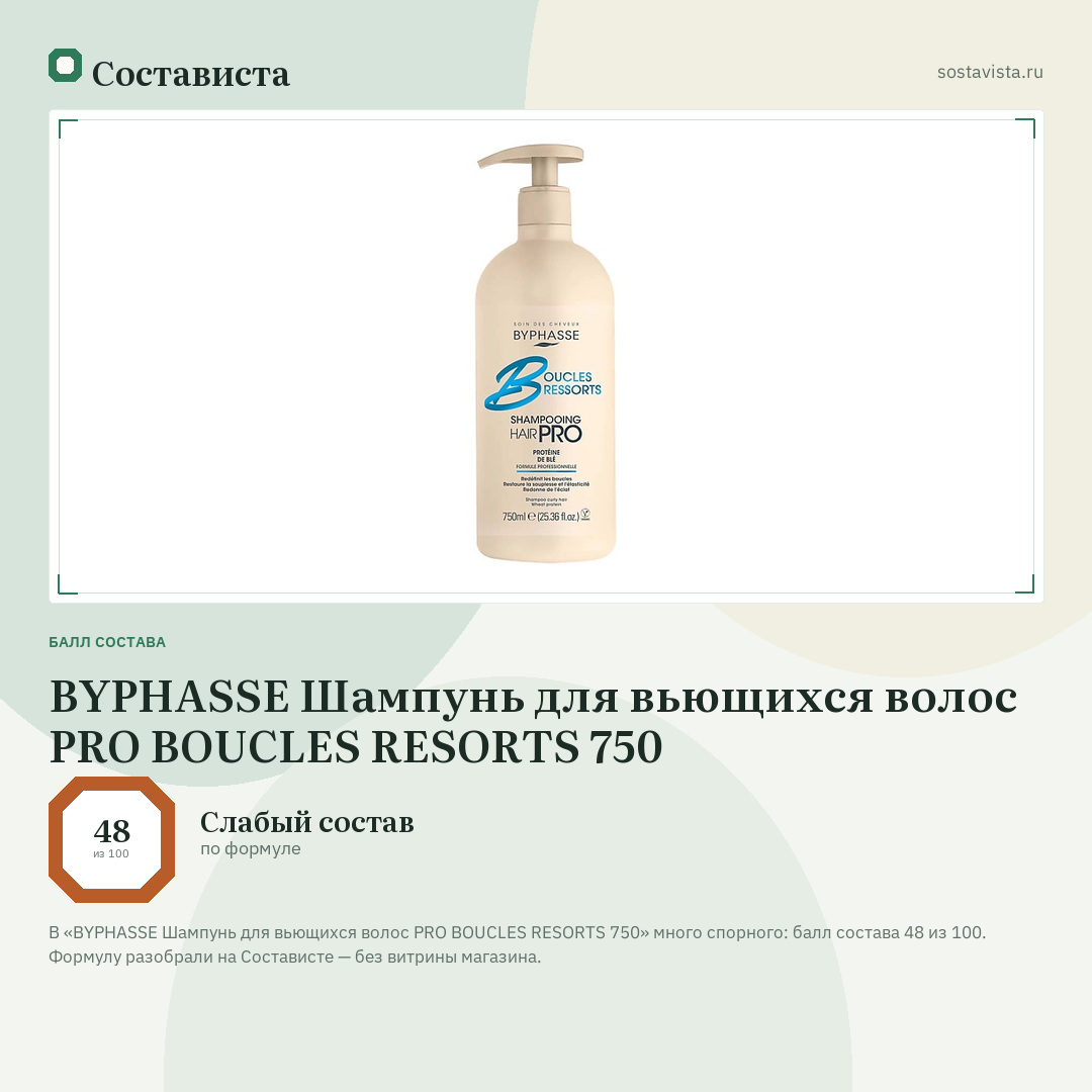 BYPHASSE Шампунь для вьющихся волос PRO BOUCLES RESORTS 750: балл состава 48 из 100 — Состависта