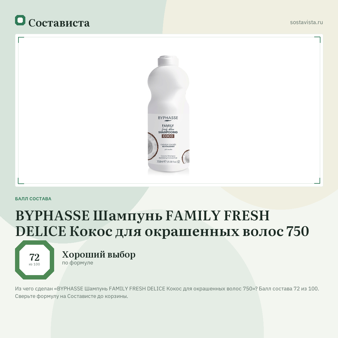 BYPHASSE Шампунь FAMILY FRESH DELICE Кокос для окрашенных волос 750: балл состава 72 из 100 — Состависта