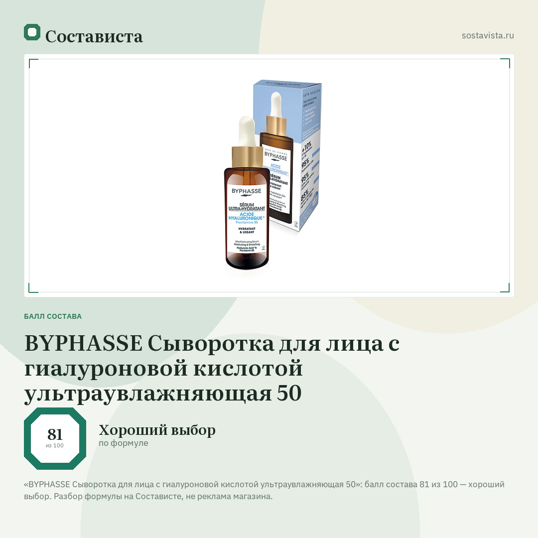 BYPHASSE Сыворотка для лица с гиалуроновой кислотой ультраувлажняющая 50: балл состава 81 из 100 — Состависта