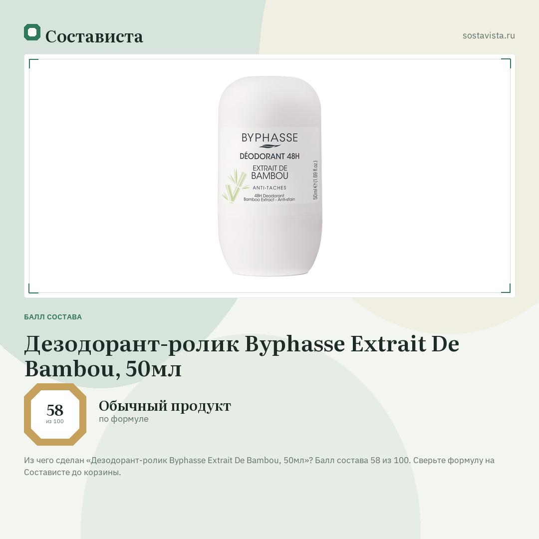Дезодорант-ролик Byphasse Extrait De Bambou, 50мл: балл состава 58 из 100 — Состависта