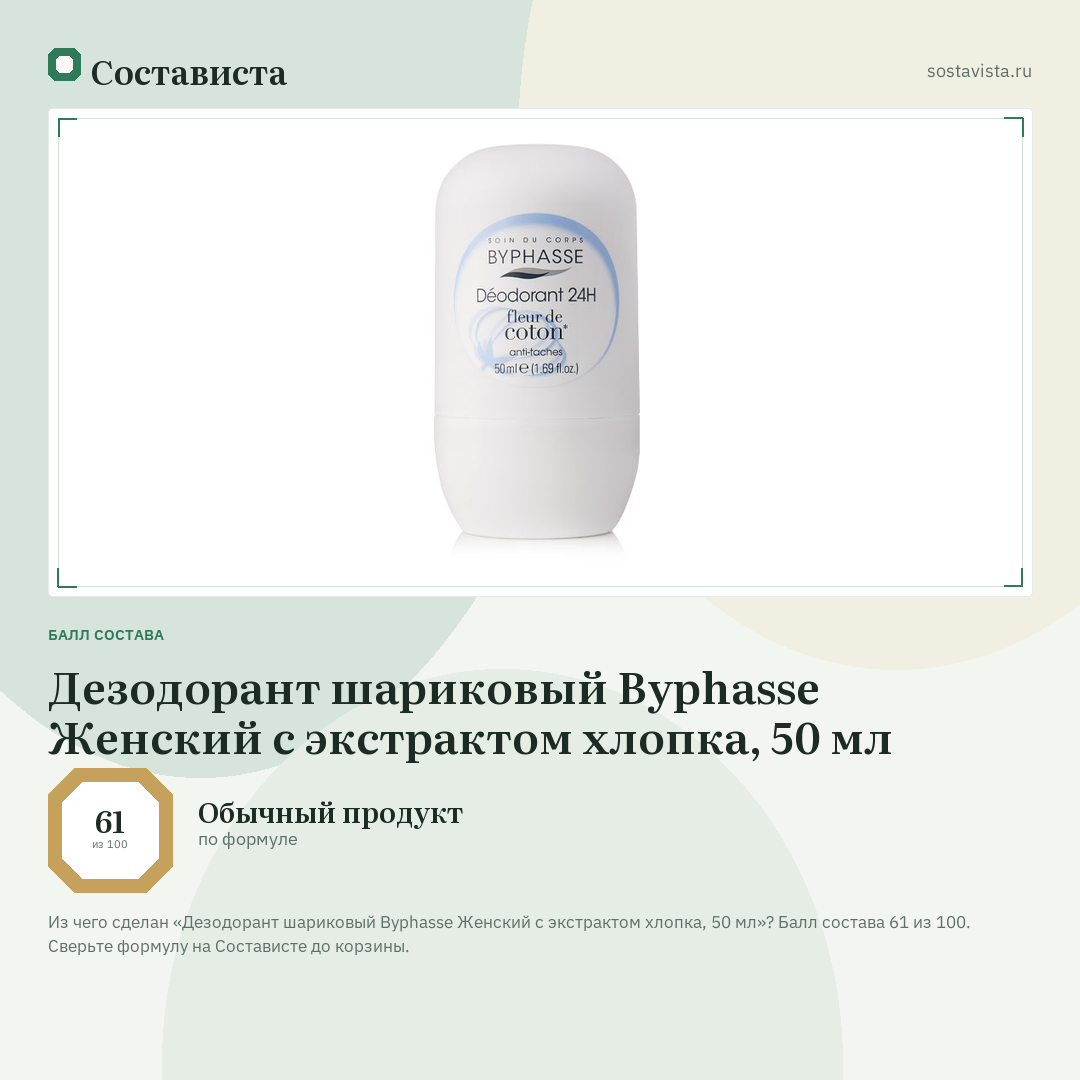 Дезодорант шариковый Byphasse Женский с экстрактом хлопка, 50 мл: балл состава 61 из 100 — Состависта