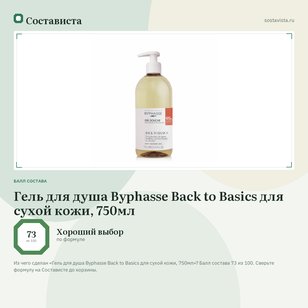 Гель для душа Byphasse Back to Basics для сухой кожи, 750мл: балл состава 73 из 100 — Состависта