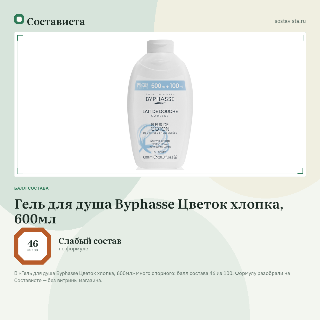 Гель для душа Byphasse Цветок хлопка, 600мл: балл состава 46 из 100 — Состависта