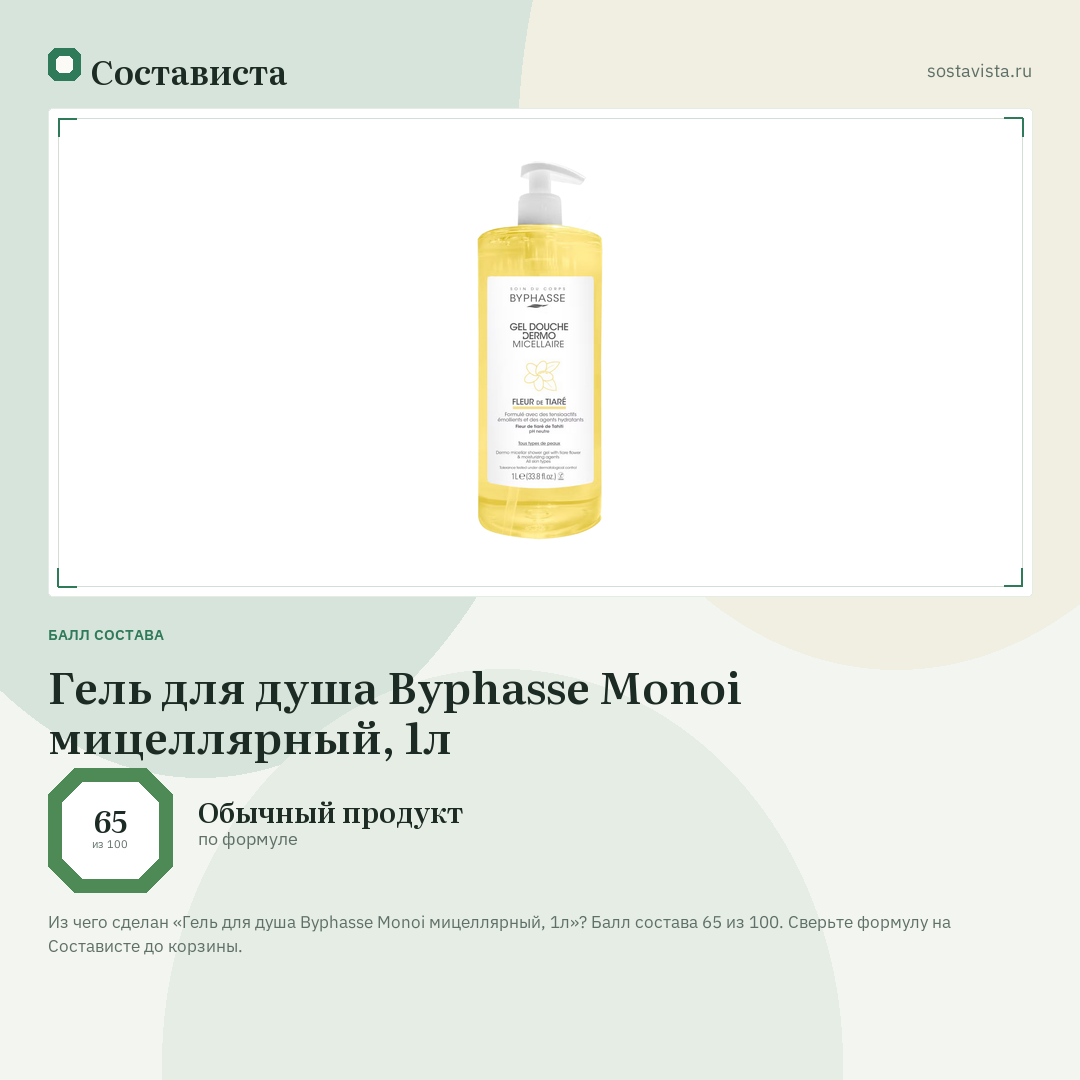 Гель для душа Byphasse Monoi мицеллярный, 1л: балл состава 65 из 100 — Состависта