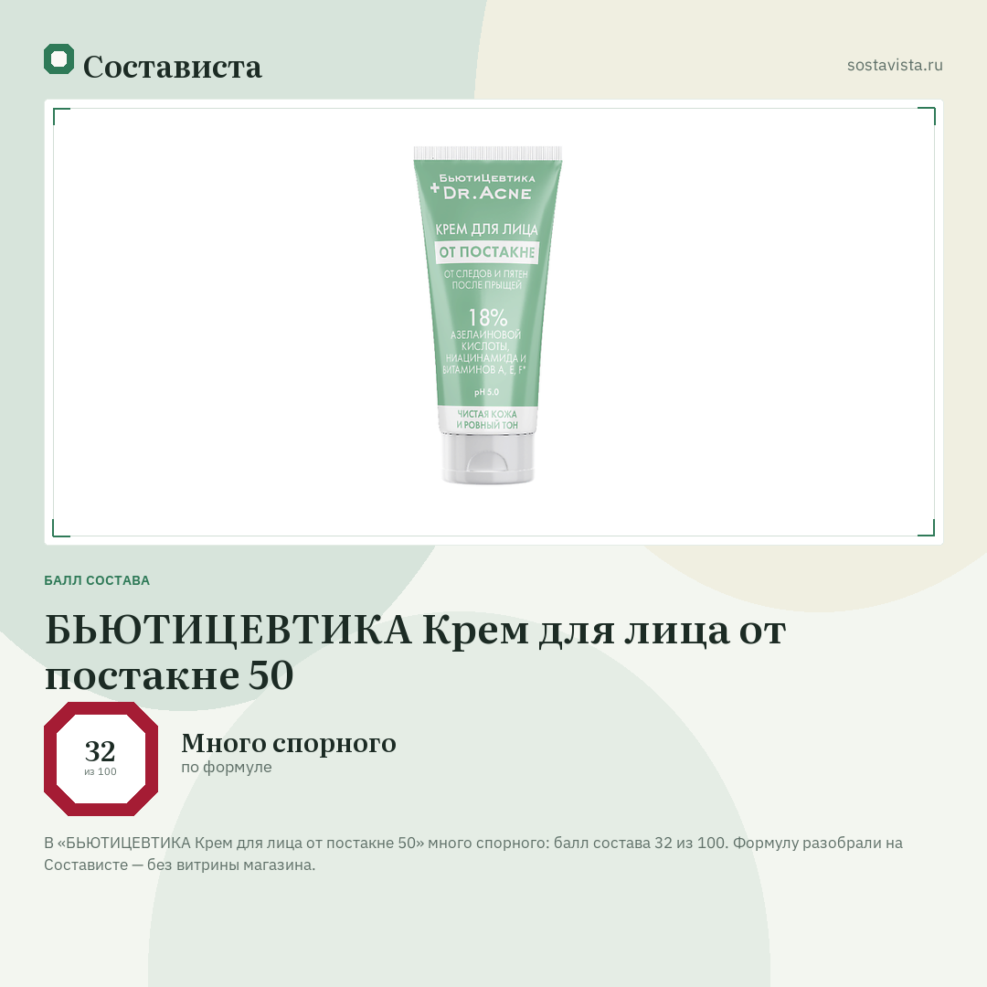 БЬЮТИЦЕВТИКА Крем для лица от постакне 50: балл состава 32 из 100 — Состависта