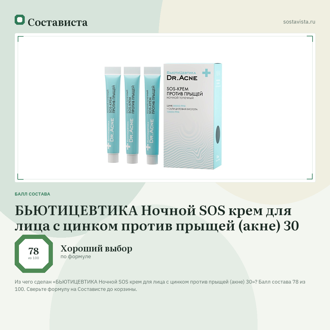 БЬЮТИЦЕВТИКА Ночной SOS крем для лица с цинком против прыщей (акне) 30: балл состава 78 из 100 — Состависта