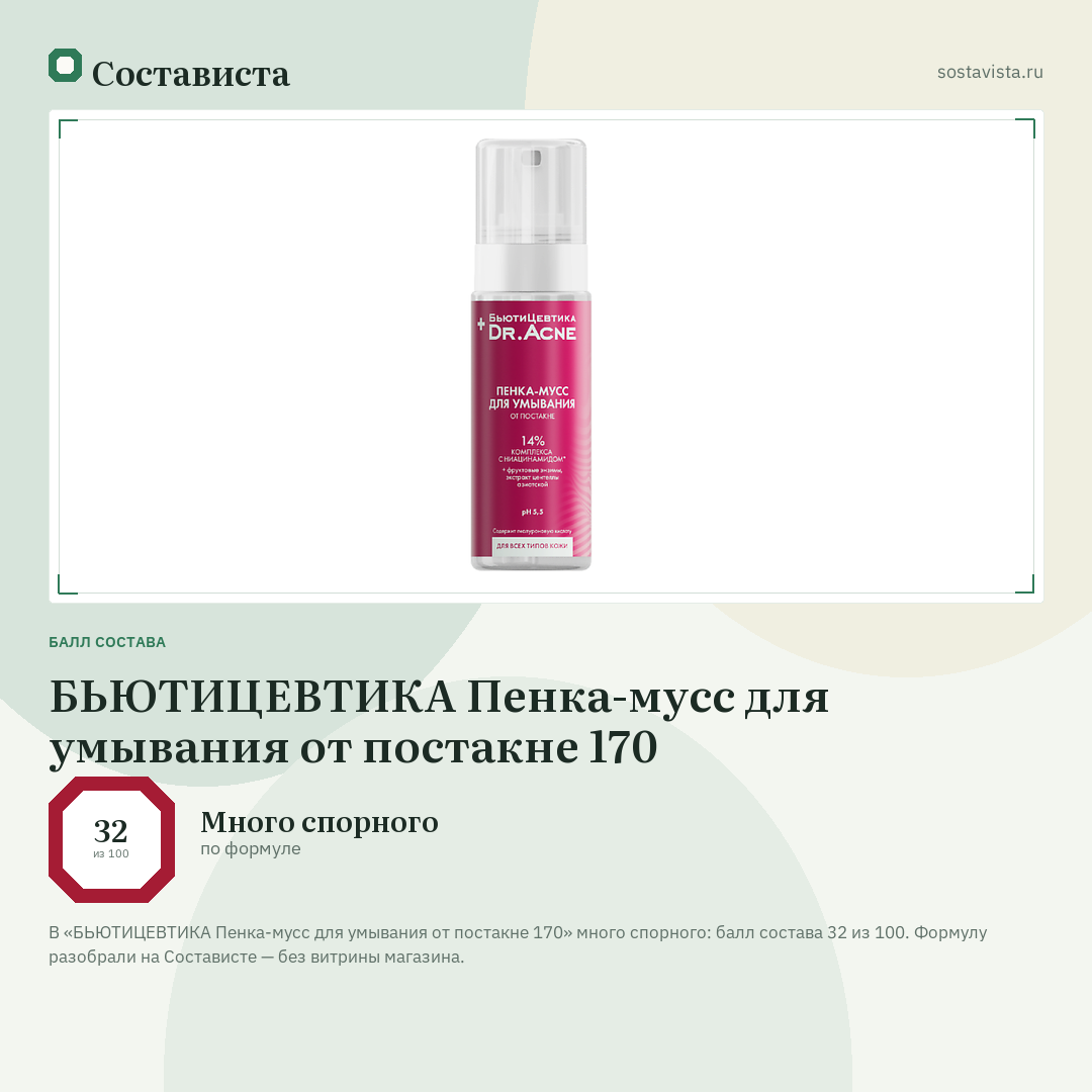 БЬЮТИЦЕВТИКА Пенка-мусс для умывания от постакне 170: балл состава 32 из 100 — Состависта