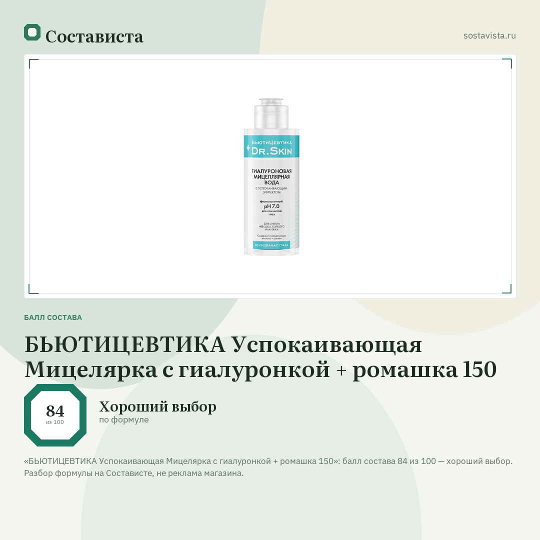 БЬЮТИЦЕВТИКА Успокаивающая Мицелярка с гиалуронкой + ромашка 150: балл состава 84 из 100 — Состависта