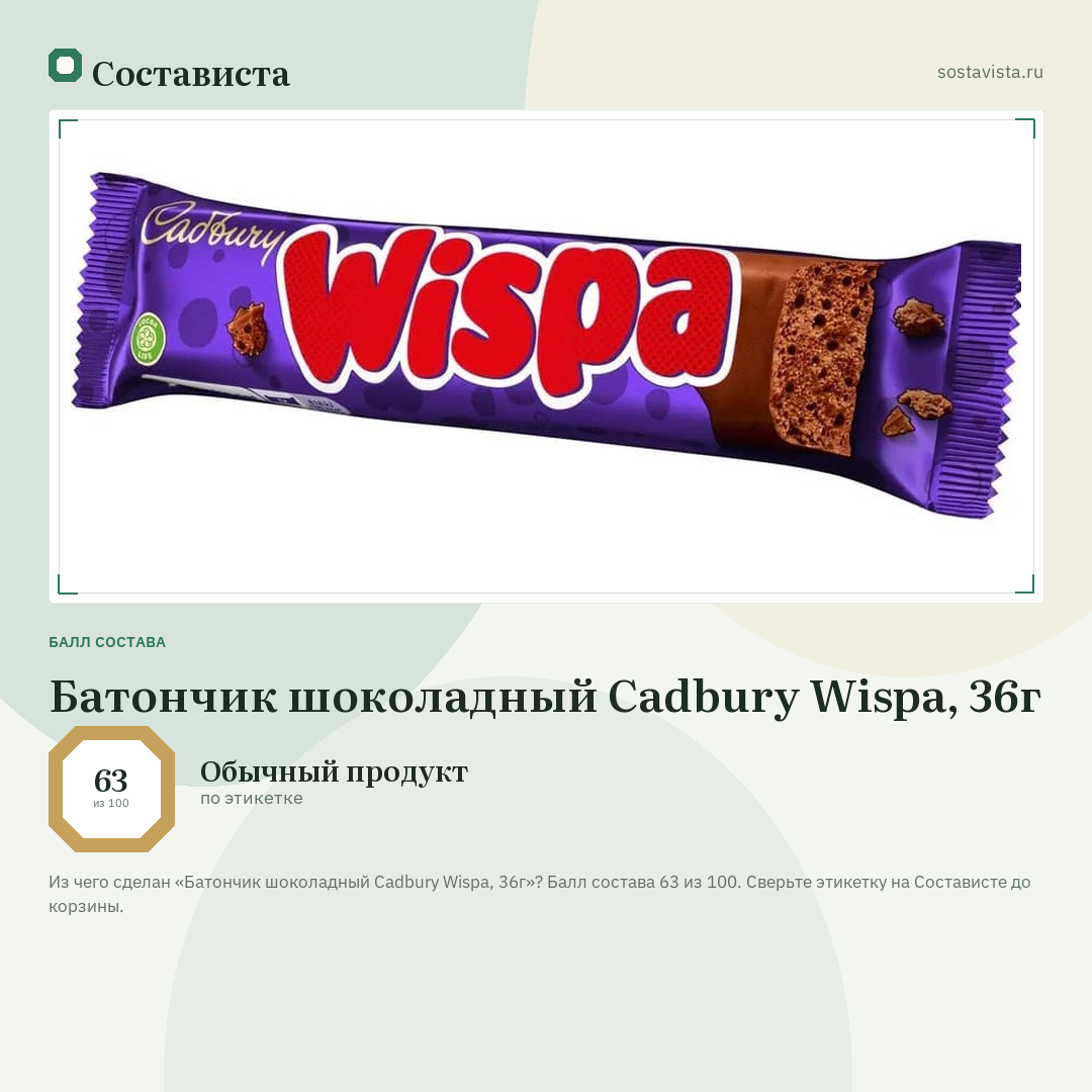 Батончик шоколадный Cadbury Wispa, 36г: балл состава 63 из 100 — Состависта