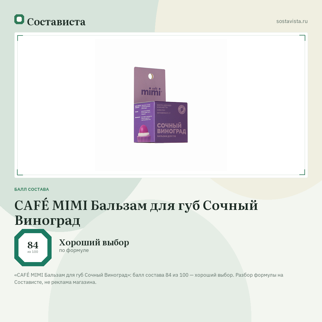 CAFÉ MIMI Бальзам для губ Сочный Виноград: балл состава 84 из 100 — Состависта