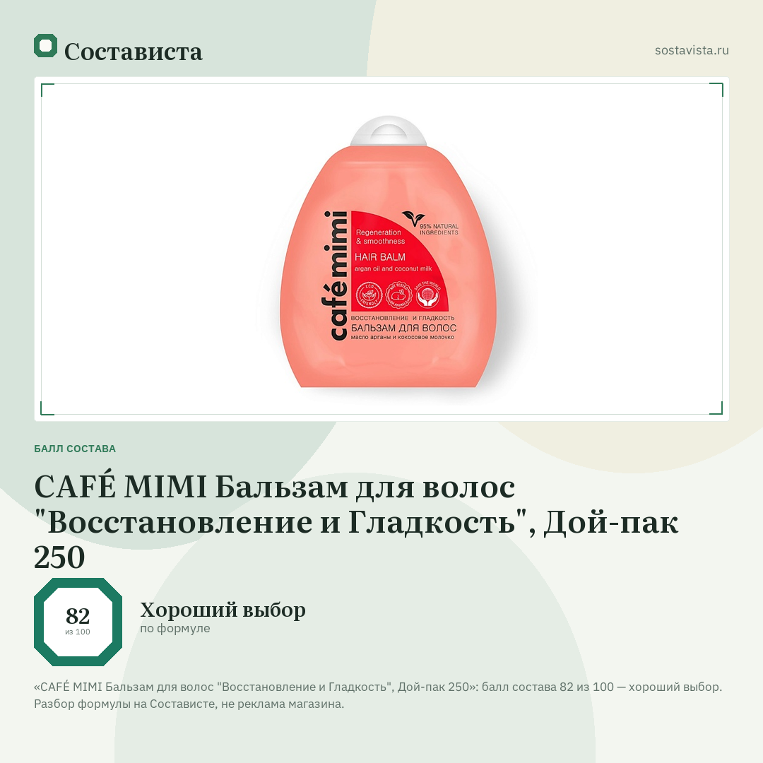 CAFÉ MIMI Бальзам для волос "Восстановление и Гладкость", Дой-пак 250: балл состава 82 из 100 — Состависта