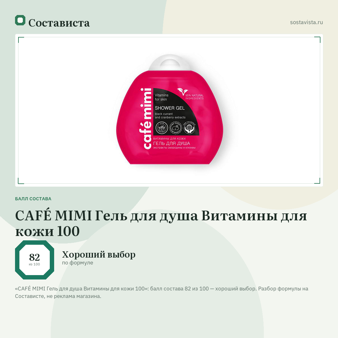 CAFÉ MIMI Гель для душа Витамины для кожи 100: балл состава 82 из 100 — Состависта