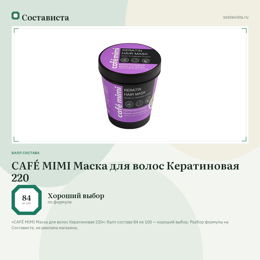 CAFÉ MIMI Маска для волос Кератиновая 220: балл состава 84 из 100 — Состависта