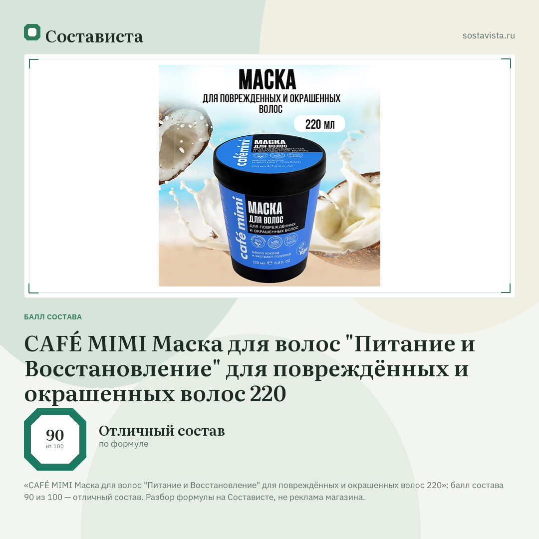 CAFÉ MIMI Маска для волос "Питание и Восстановление" для повреждённых и окрашенных волос 220: балл состава 90 из 100 — Состависта