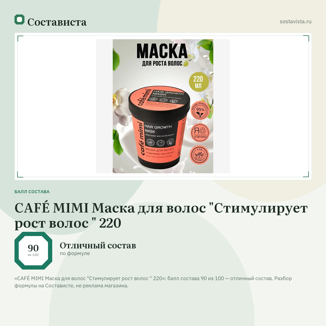 CAFÉ MIMI Маска для волос "Стимулирует рост волос " 220: балл состава 90 из 100 — Состависта