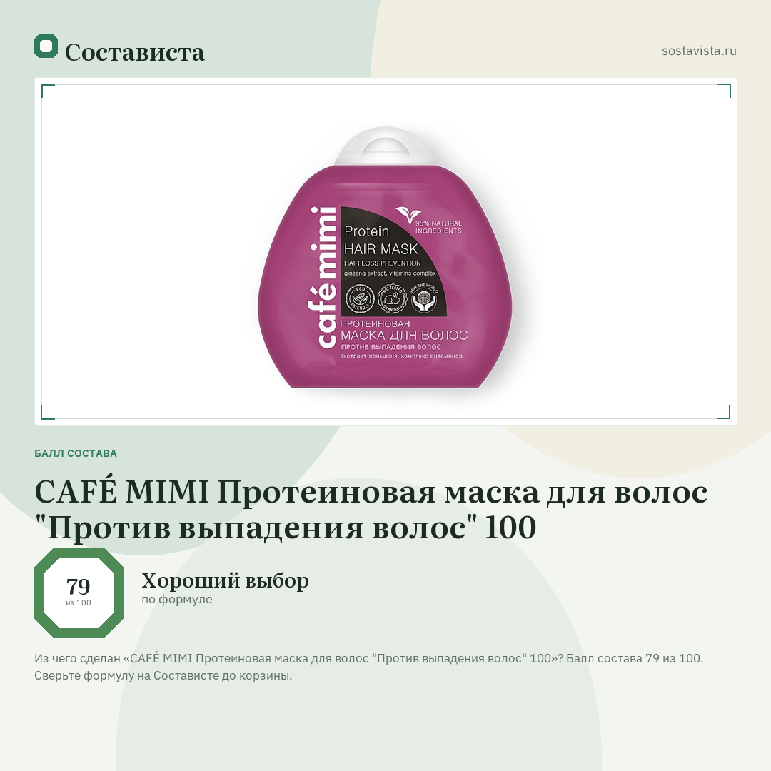 CAFÉ MIMI Протеиновая маска для волос "Против выпадения волос" 100: балл состава 79 из 100 — Состависта