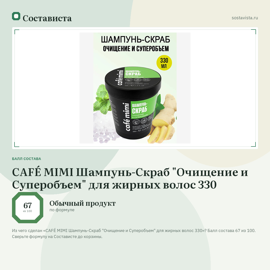 CAFÉ MIMI Шампунь-Скраб "Очищение и Суперобъем" для жирных волос 330: балл состава 67 из 100 — Состависта
